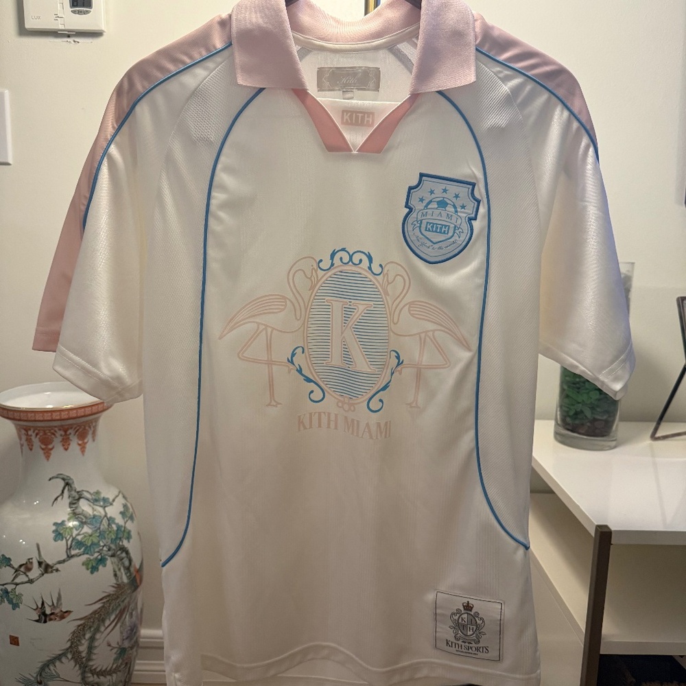 Kith Sports Miami Soccer Jersey | White Pink Blue Flamingo Crest